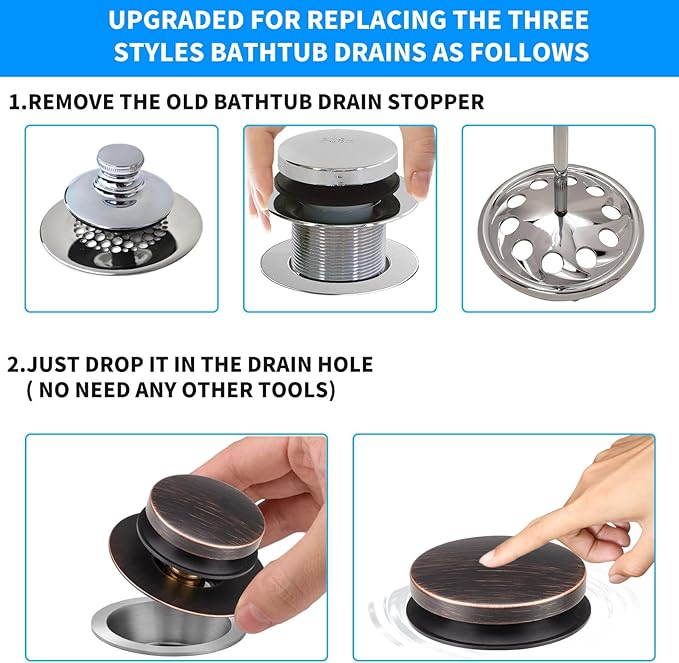 Bathtub Drain Stopper, Uxoz Universal Tub Stopper for Replacing Tip Toe/Trip Lever/Lift&Turn Tub Drain, Bath Tub Drain Stopper Designed for 1.5" to 1.72" Drain Hole with 3 O-Rings, Oil Rubbed Bronze