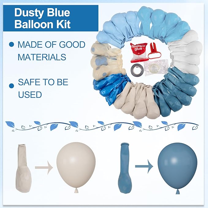 Amandir 173Pcs Dusty Blue Balloon Arch Garland Kit, Baby Light Dusty Blue White Sand Metallic Blue Confetti Balloons for Boy Baby Shower Gender Reveal Wedding Birthday Party Decorations Supplies