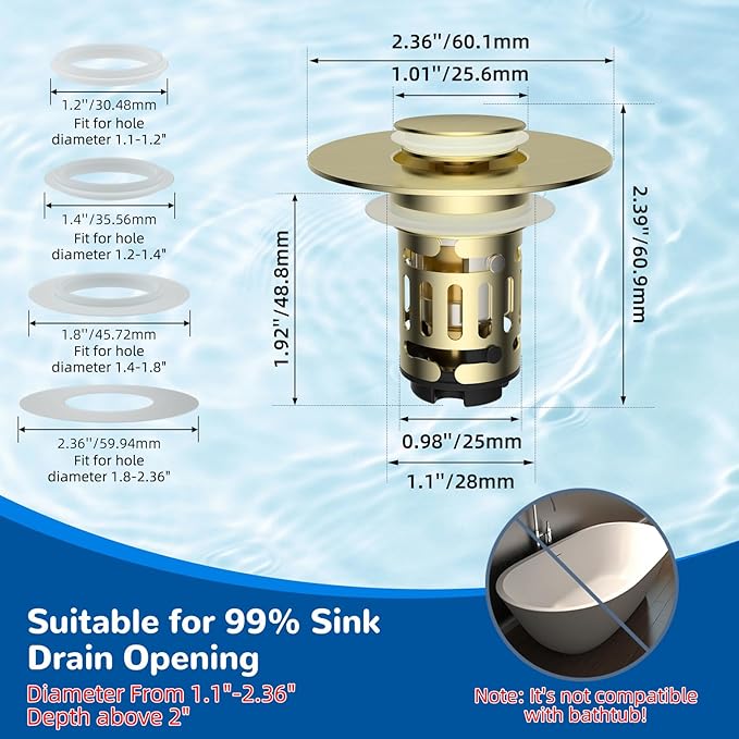 Hibbent Upgraded 3 in 1 Bathroom Sink Drain Strainer, Universal Pop Up Stopper with Removable Stainless Steel Filter Basket Hair Catcher, Sink Plug for 1.1''~2.36'' Basin, Brass Core, Brushed Gold