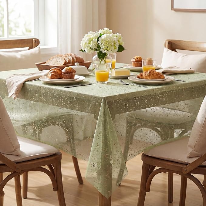 Horaldaily Sage Green Gauze Tablecloth 60x60 Inch Square, Golden Sequin Glitter Metallic Foil, Sheer Tulle Cheesecloth for Wedding Baby Shower Ceremony Birthday