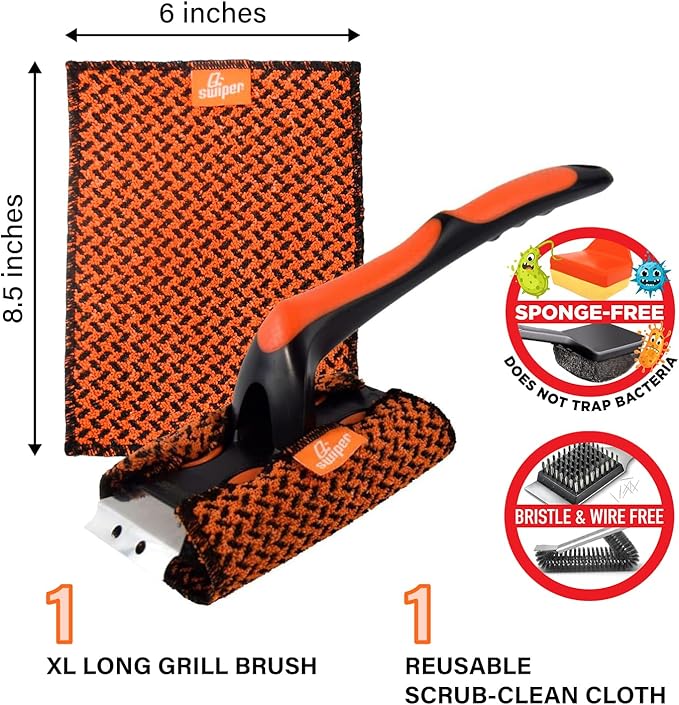 Proud Grill Q-Swiper XL Scrub-Clean BBQ Grill Cleaner Set - Long Bristle-Free Brush with Scraper & Scrub-Clean Reusable Cleaning Cloth, Grease & Grime Remover, Barbecue Cleaner for Outdoor Grilling