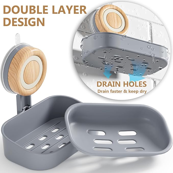 Double Layer Soap Dish for Shower 2 Pack, Wall Mounted Bar Soap Holder Suction Cup 2 Layer Self Draining Soap Case Sponge Holder for Shower Bathroom, Tub and Kitchen Sink, Grey