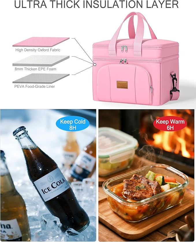 Rnivvi Lunch Box for Women, Double Decker Insulated Cooler Bag Lunch Bag Reusable Leakproof Tote Lunch Container with Strap for Work Family Picnic Hiking Camping, 18 Cans 12L, Large Adults, Pink