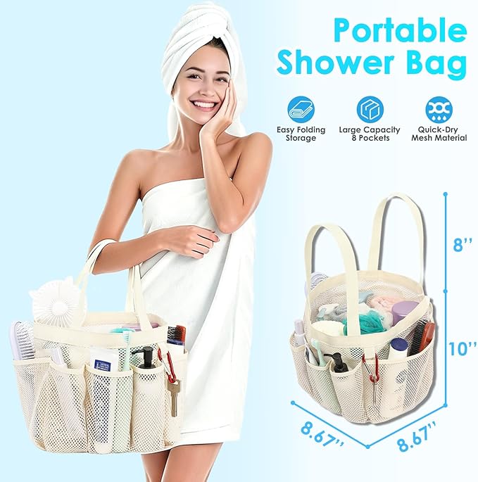 Fammart Mesh Shower Caddy Portable for College Dorm Room Essentials, 8-Pocket Large Shower Basket Tote Bag with 2 Handles for Toiletry, Bathroom, Beach, Camp, Gym