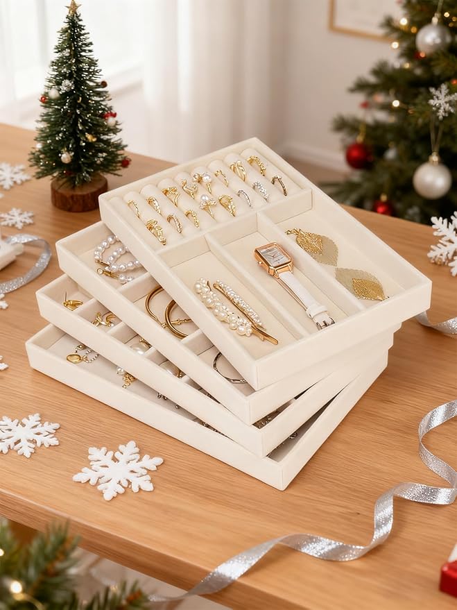 Cirhy Velvet Jewelry Drawer Organizer Trays – Stackable Jewelry Trays for Drawers, Set of 4 Jewelry Organizer for Drawer Inserts, Display Storage Box for Earrings, Rings, Necklaces, Bracelets