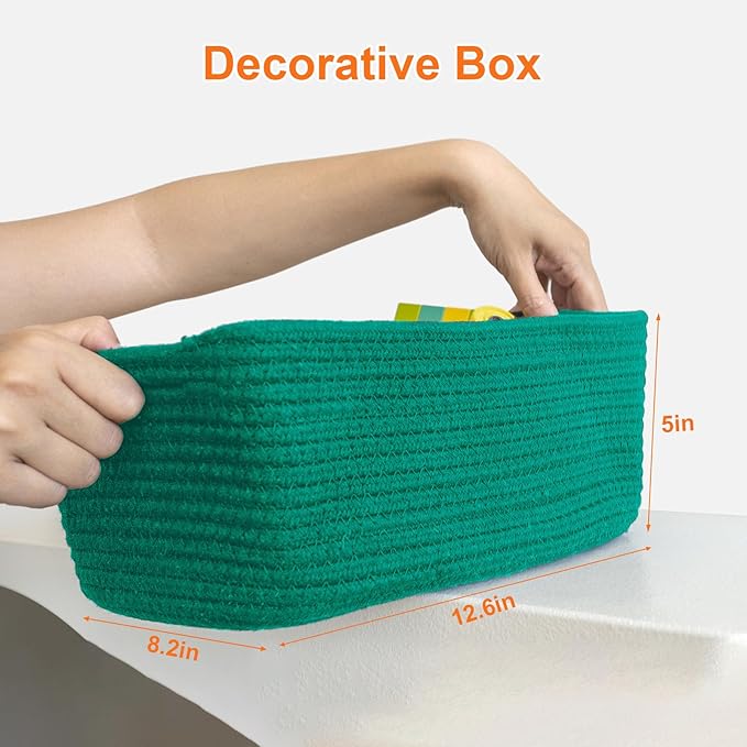 Ordn2Ordn Small Storage Baskets for Organizing, Woven Storage Bins for Shelves, Empty Gift Basket, Cute Decorative Closet Organizer, Baby Rope Basket, Dog Toy Storage, 12.6x8.2x5”, 3-Pack Green