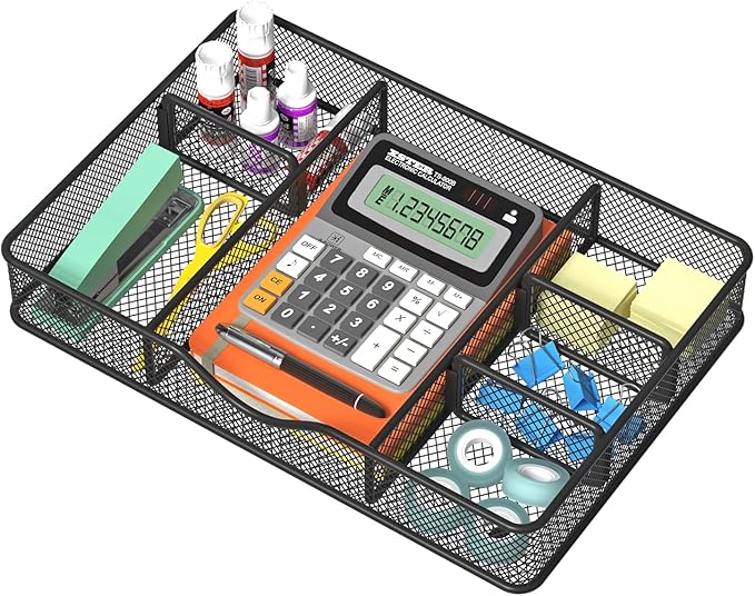 Desk Drawer Organizer, Metal Mesh Drawer Organizer Tray with 6 Adjustable Compartments, Tray Organizer for Desktop, Kitchen, Bathroom, Makeup, Vanity - 14.5x8.8x1.96 inch, Black, 1PC Large