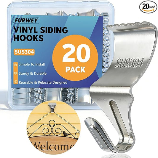 FURWEY 20 Pack Vinyl Siding Hooks, No Hole Vinyl Siding Clips, Heavy Duty Stainless Steel, for Outdoor & Festive Decoration