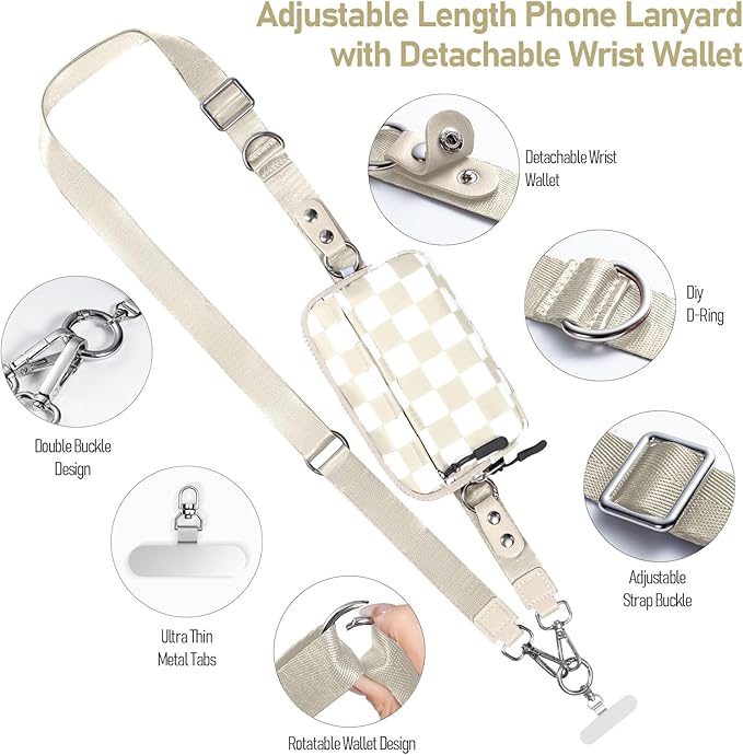 Clip and Go Strap for Phone with Wallet Crossbody Phone Lanyard and Detachable Checkered Bag with ID Window and RFID Pouch for Daily Travel.