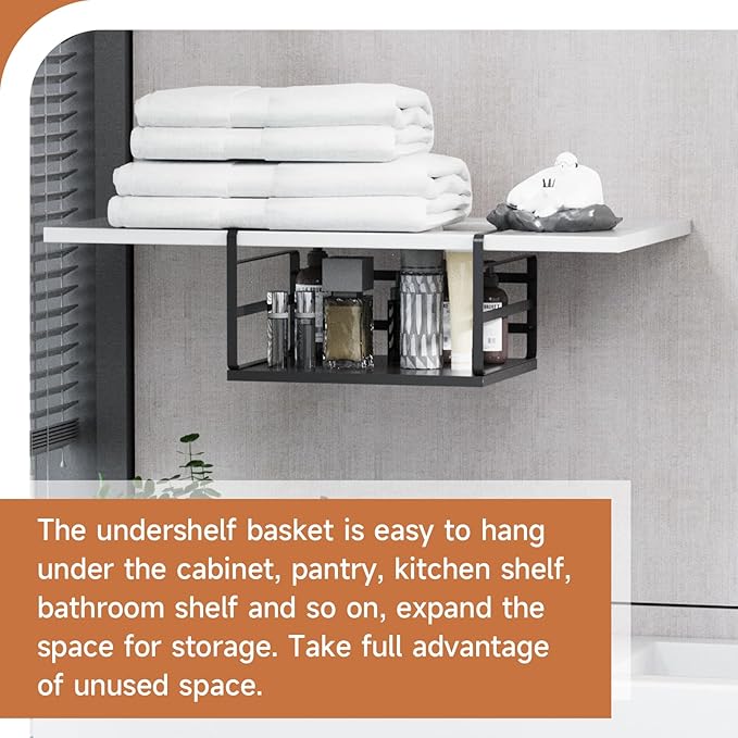 PEKGRIL 2 Pack Large Under Shelf Basket, Black Undershelf Storage Basket, Heavy Duty Slide-in Hanging Storage Basket, Metal Under Cabinet Organizer for Kitchen, Pantry, Desk, Bookshelf, Cabinet