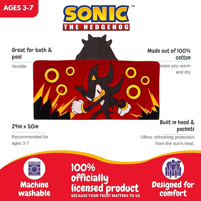 Sonic Shadow The Hedgehog Anime Kids Super Soft Bath/Pool/Beach Soft Cotton Terry Hooded Towel Wrap, 24 in x 50 in, Mario & Luigi, (100% Officially Licensed Product) By Franco