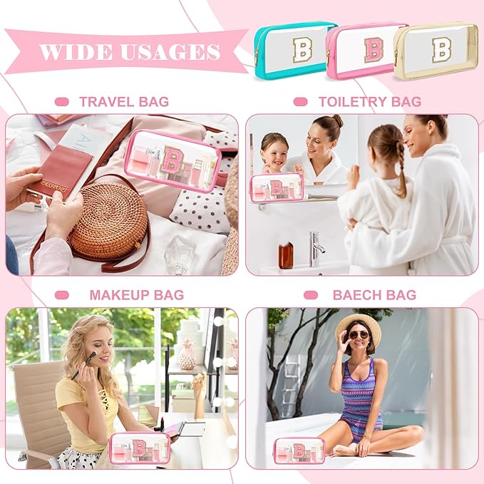 Personalized Initial Letter Clear Makeup Bag, Preppy Small Nylon & PVC Cosmetic Zipper Bag with Chenille Letter, Portable Beach Travel Skincare Toiletry Bag, Trendy Monogram Gift for Teen Girls Women, B