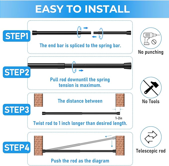 2 Pack Spring Loaded Tension Rod 17-41" Adjustable Curtain Rods No Drill Extendable Spring Rod Tension Curtain Rods For Window Kitchen Shelves Rv Refrigerator And Small Spaces,Black