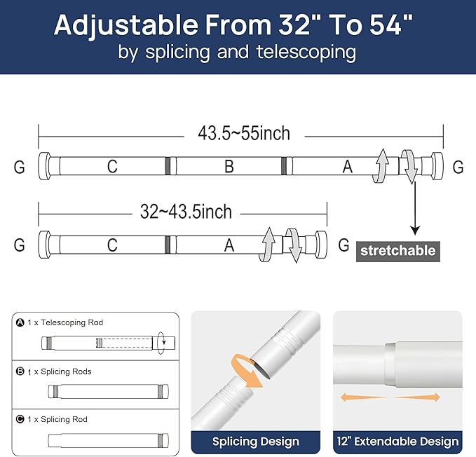 ENJOYBASICS 2 Pack Adjustable Spring Tension Curtain Rods 32 to 54 Inches, Stainless Steel White Shower Rod No Drilling for Window, Bathroom, Closet, Room Divider, 7/8" Diameter