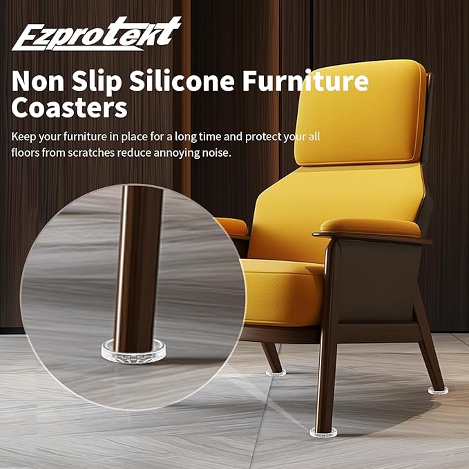 Ezprotekt Non Slip Furniture Pads, 16 Pcs 1.6" Anti Skid Rubber Caster Cups, Round Furniture Coasters for Hardwood Floors, Anti-Slip Furniture Grippers, Furniture Stoppers to Prevent Sliding (Clear)
