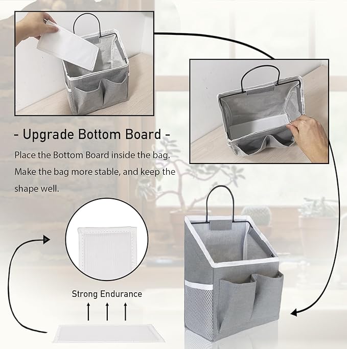 Kanrichu 3pcs Small Wall Hanging Organizer Bag, Linen Fabric Door Hanging Storage Basket with Pockets, Waterproof Bin for Kitchen, Bedroom, Office, RV Camper (Gray)