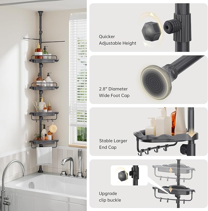 Sturdy Shower Caddy - 4 Tier Adjustable Organizer, Rustproof Stainless Steel, 32-122 Inch