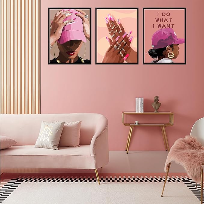 Unframed Black Girl Canvas Wall Art pink trend American Black Woman Posters Prints Wall Decor Pictures for Home Living Room Bedroom study Decoration,Unframed16 x 24inches X3piec