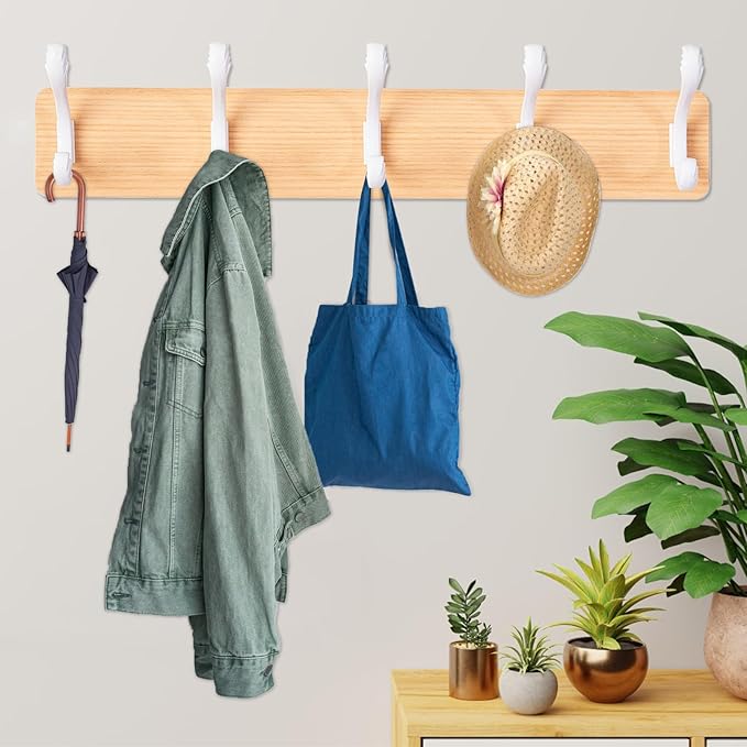 Coat Rack Wall Mount Coat Hooks Coat Hanger with 5 Hooks 2 Installation Over Door Hooks Wood Plank Hat Rack for Wall Hooks Hanging Coat Hat Jacketgt Mudroom Bathroom Entryway-White