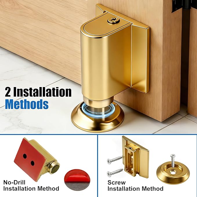Upgraded Magnetic Door Stoppers, Retractable Bottom Door Holder, No-Drill Invisible Doorstops, Heavy-Duty Windproof Doors Wedge Stopper with Screws and Adhesive Pads (Brushed Gold)