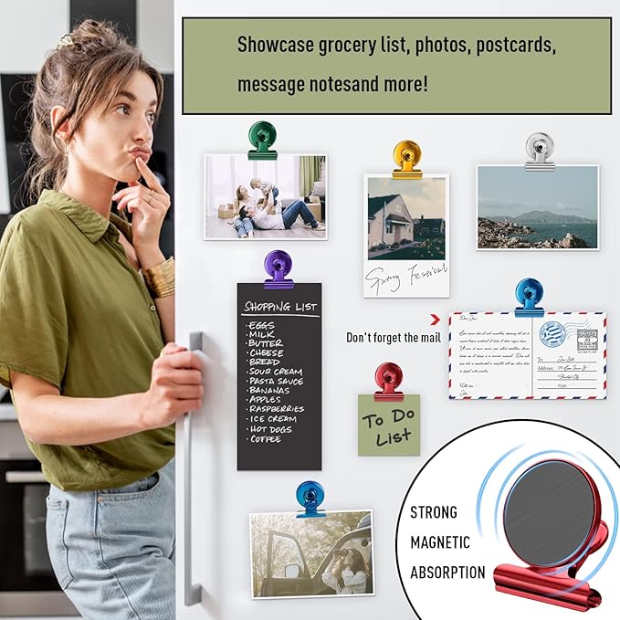 FINDMAG 12 Pack Magnetic Clips for Picture Hanging and Photo Display, Strong Scratch-Free Heavy Duty Magnet Christmas Light Clips for Refrigerator, Whiteboard, Office, Kitchen, Party Use, School