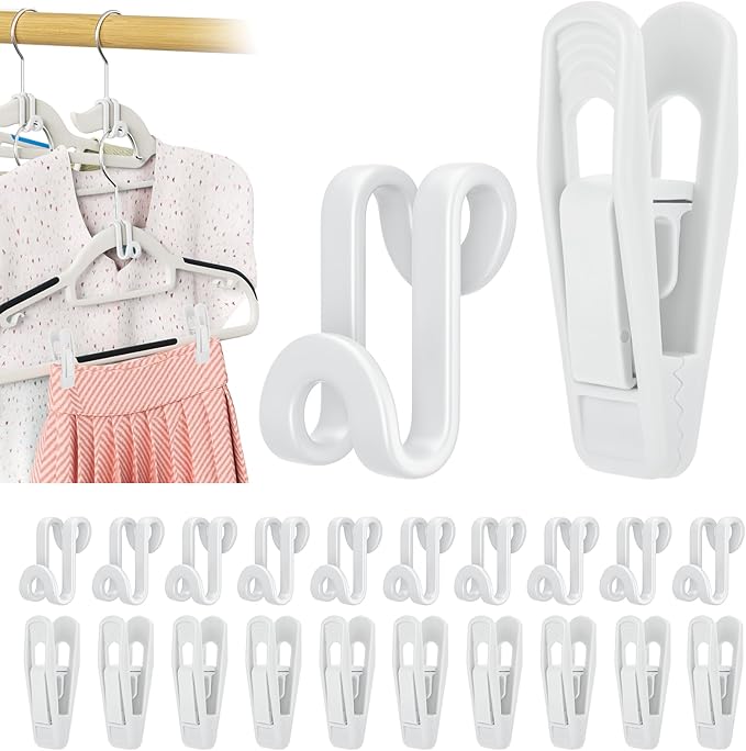 Tinfol White 60pc Clothes Hanger Connector Hooks and 20pc Hanger Clips, Stackable Space Saving Hook - Hangers Finger Clips, Hangers Organizer Accessories for Closet Organizers