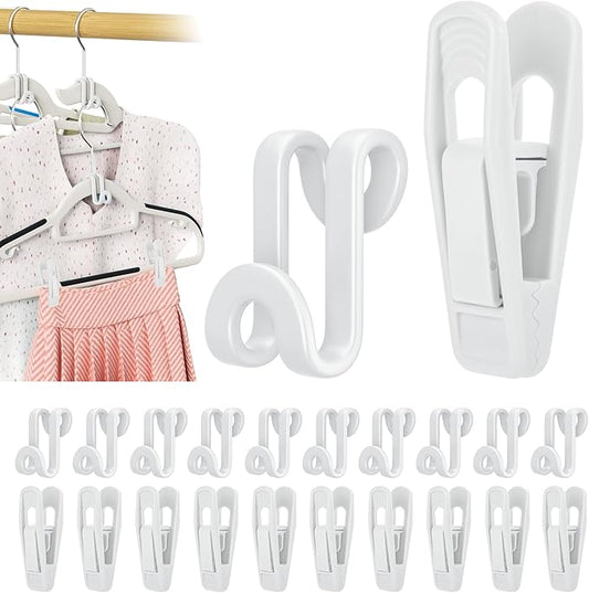 Tinfol White 60pc Clothes Hanger Connector Hooks and 20pc Hanger Clips, Stackable Space Saving Hook - Hangers Finger Clips, Hangers Organizer Accessories for Closet Organizers