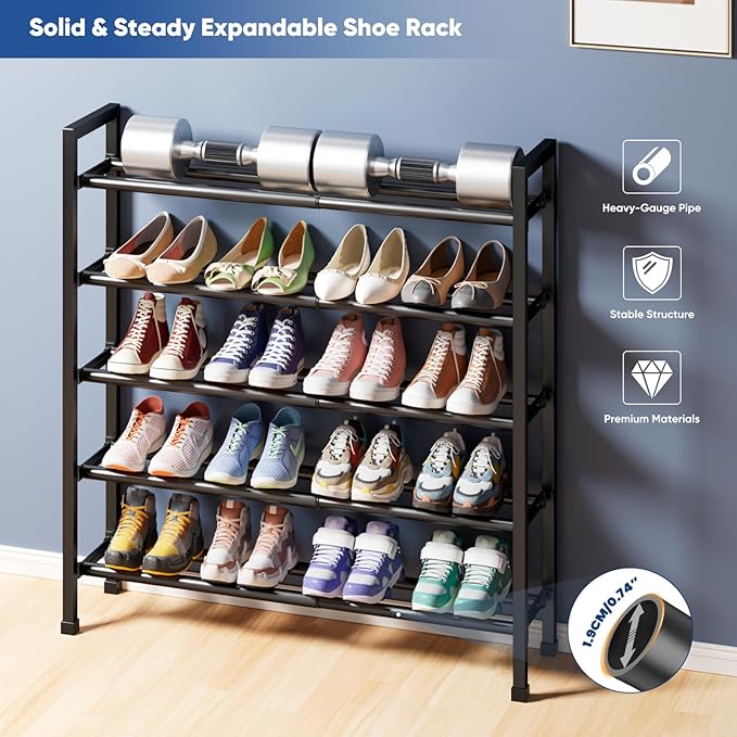 Abiglifty 5-Tier Expandable Shoe Rack,17"-33" Adjustable Shoe Rack for Closet,Metal Shoes Shelves for Front Door Entrance, Garage & Corridor, Free Standing Shoe Holders, Easy to Assemble,Black