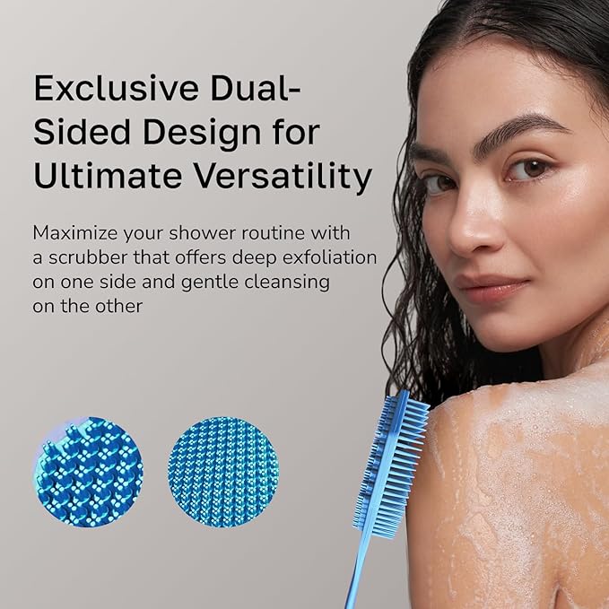 Silicone Back Scrubber with Long Handle - Octagon Body Brush for Shower, Bath, and Exfoliating - Skin Cleansing, Back Scrub and Gentle Silicone Sponge - Wash Your Body with Easy Reach - Blue
