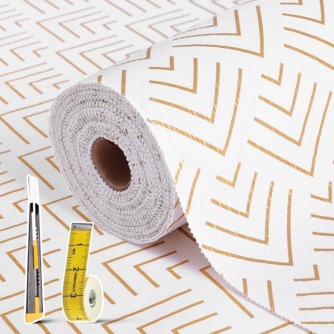 Shelf Liner for Kitchen Cabinets Non Adhesive Drawer Liner Non-Slip Thickened Shelf Liner Paper Strong Easy to Clean for Tool Box Refrigerator with Knife and Tape Measure, Gold Arrow, 17.3 x 354.3 in
