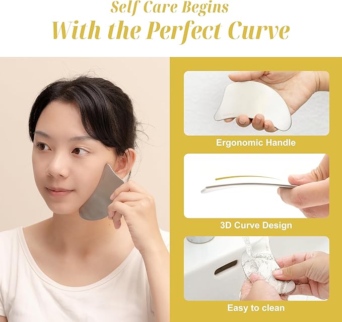 SHUHU Stainless Steel Gua Sha Facial Tool for Face & Body – Jawline Sculptor & Puffiness Relief – Face Massage Tool for Lymphatic Drainage, Tension & Muscle Relief, with Travel Pouch