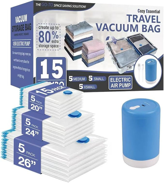 15 Pack Travel Vacuum Storage Bags with Rechargeable Wireless Electric Pump for Luggage, Suitcase, Carry-on Size Vacuum Seal Compression Space Saver Bags for Clothes and Clothing Travel