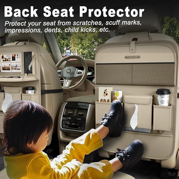 XDV Car Seat Organizers, Multi-functional Back Seat Protectors, Storage Pouches, and Tray Holders (for Cars, Kids, Seat Back and Rear Seats) (Plain Beige, 1 Pc)