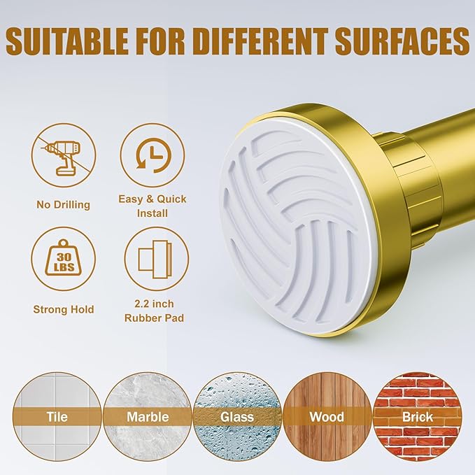 Ausemku Shower Curtain Rod 32-94 Inch Adjustable - 1 Inch Diameter Heavy Duty No Drill Spring Tension Shower Rod, Non-Slip Rustproof Telescopic Rod for Bathroom, Gold