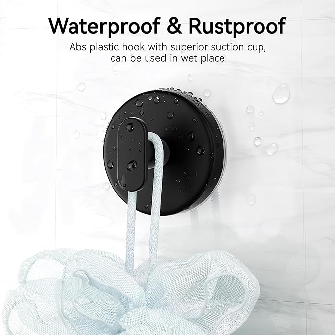 Suction Cup Hooks for Shower, Removable Towel Hooks for Bathroom, Kitchen, Glass Door, Mirror, Tile – Loofah, Towel, Coat, Bath Robe Hook for Hanging, Black 4 Pack