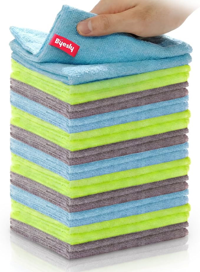 Byesly 24-Pack Microfiber Cleaning Cloth, 11.5x11.5 Microfiber Towels for Cars, Dishes & House, for Detailers, Chefs & Efficient Home | Scratch-Free, Lint-Free, Ultra Absorbent (Blue/Green/Grey)