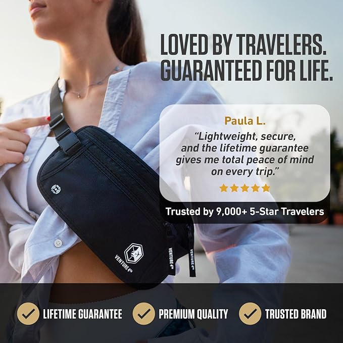 VENTURE 4TH Money Belt for Travel – Hidden Under-Clothes RFID Blocking Passport Holder & Slim Travel Wallet Pouch for Men & Women to Protect Cash, Cards & Documents (Black)