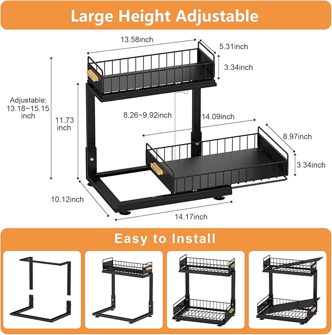 Under Sink Organizer, Height-Adjustable 2-Tier Under Kitchen Sink Organizer, Multi-Purpose Storage Shelf for Kitchen Bathroom Cabinet, Black