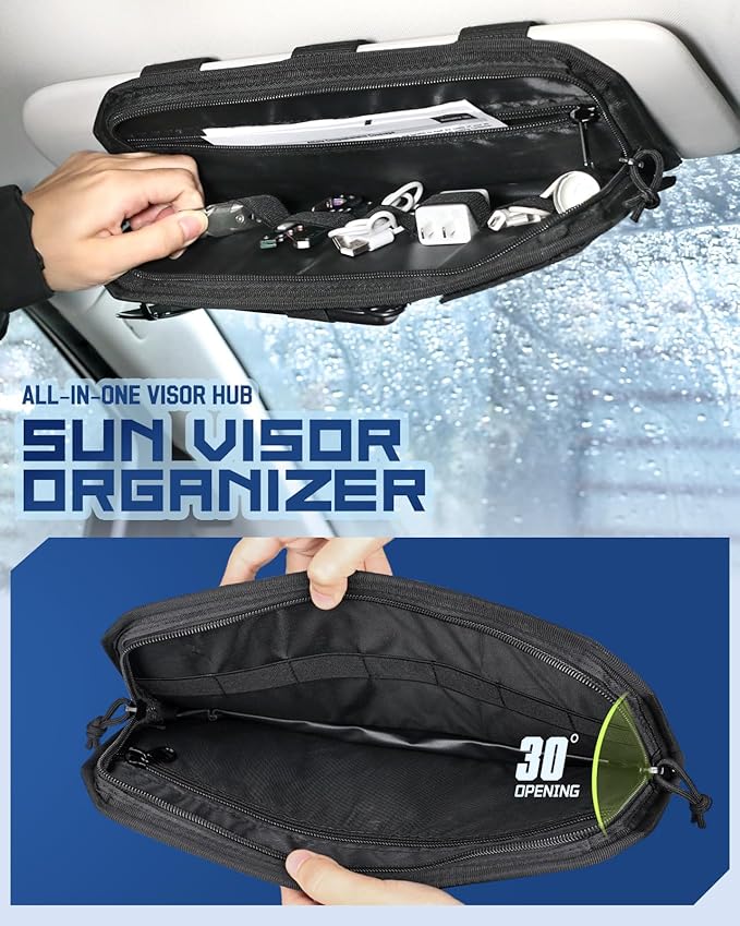 Pitozer Molle Car Sun Visor Organizer with Zipper Storage Pouch & Glasses Clip, Auto Semi-Rigid MOLLE Panel for Police Gear & Overlanding Accessories, Fit Most Cars, SUVs, Vans & Trucks