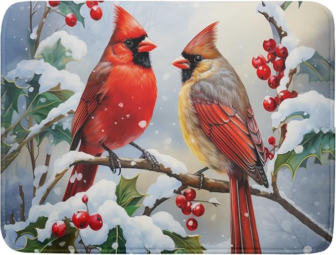 Winter Cardinal Birds Dish Drying Mat, Holly Berry Branches Dish Drying Mat for Kitchen Counter, Red Birds Absorbent Fast Dry Dish Drainer Mat Protector Xmas Microfiber Dish Drying Pad 16x18 Inch