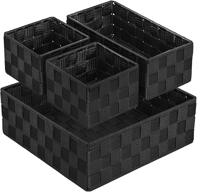 Posprica Small Black Baskets Cube Bin Container Tote, Woven Storage Baskets for Organizing, Organizer Divider for Drawer, Closet, Shelf, Dresser, Set of 4