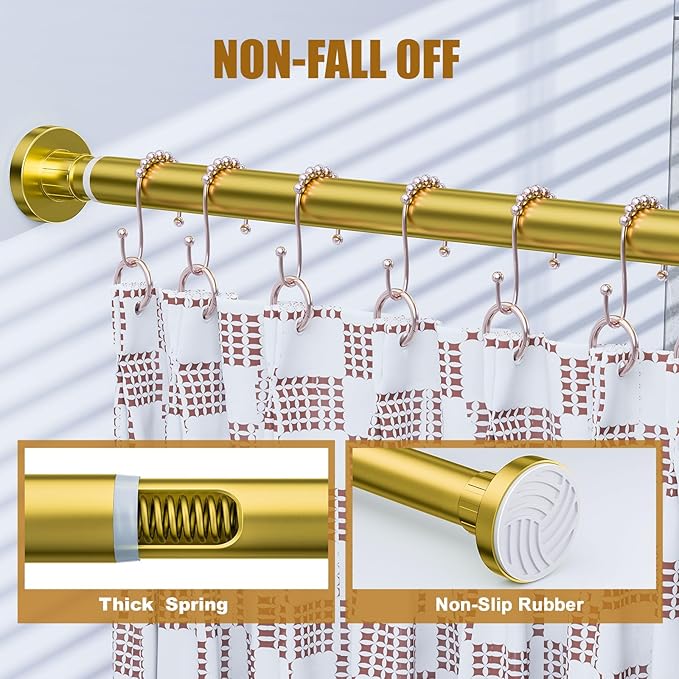 Ausemku Shower Curtain Rod 32-94 Inch Adjustable - 1 Inch Diameter Heavy Duty No Drill Spring Tension Shower Rod, Non-Slip Rustproof Telescopic Rod for Bathroom, Gold