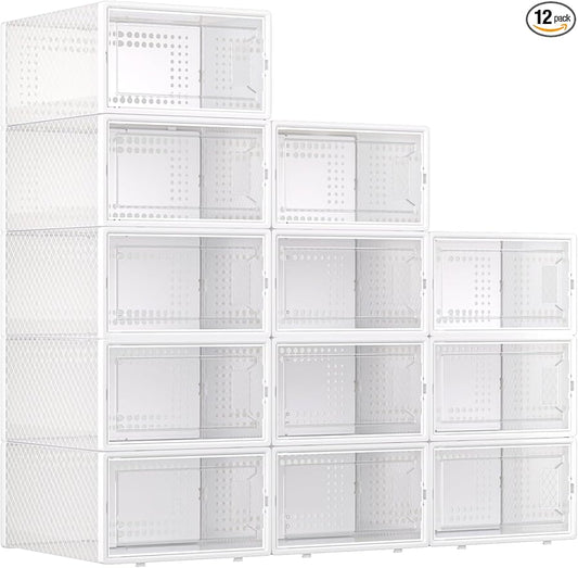 Large Shoe Storage Boxes Organizers Clear Plastic Stackable 12 Pack Fit Size 9, Shoe Rack & Holder Substitute, Sneaker Containers, Toy Storage Organizer Bins for Entryway, Closet, Under Bed