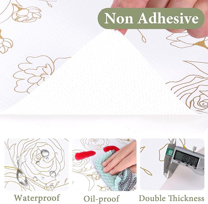 Shelf Liners for Kitchen Cabinets 17.5in x 20FT Non-Adhesive Drawer Liner Gold Floral Thickened Shelf Liner Paper Strong Non-Slip Easy to Clean for Tool Box Refrigerator with Knife and Tape Measure