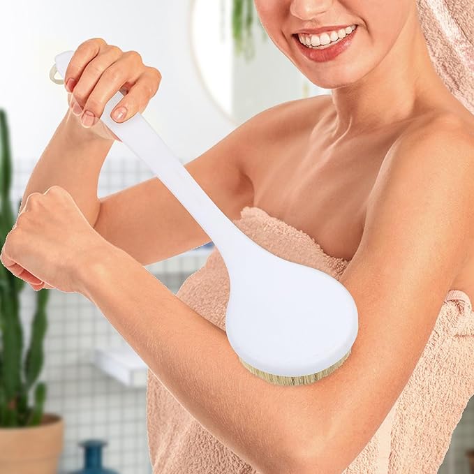 OWIIZI Back Scrubber for Shower with Natural Bristles Anti Slip Bath Brushes Long Handle Antiskid Shower Body Scrubber for Wet or Dry Exfoliating Back Scrub Deep Cleanse