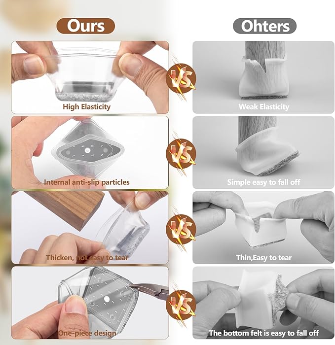 16Pcs Square Chair Leg Floor Protectors with Thickened Felt Pads Silicone Chair Leg Covers Caps to Protect Hardwood Tile Floors Furniture Feet Reduce Noise (Clear L Fit 1.14"-1.42")