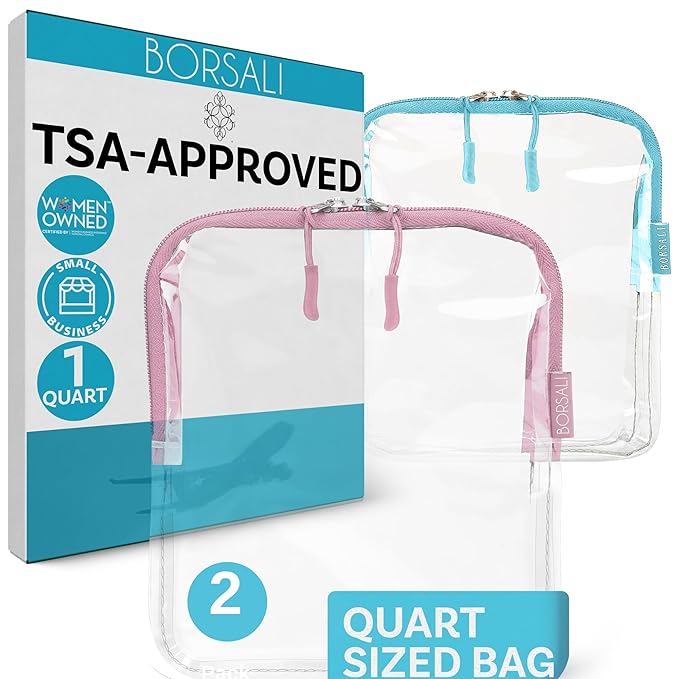 BORSALI TSA Approved Toiletry Bag - Clear Quart Size for 3-1-1 Carry On Travel - Makeup Organizer Cosmetic Pouch with Zipper - Travel Accessories - Rose & Blue 2 Pack