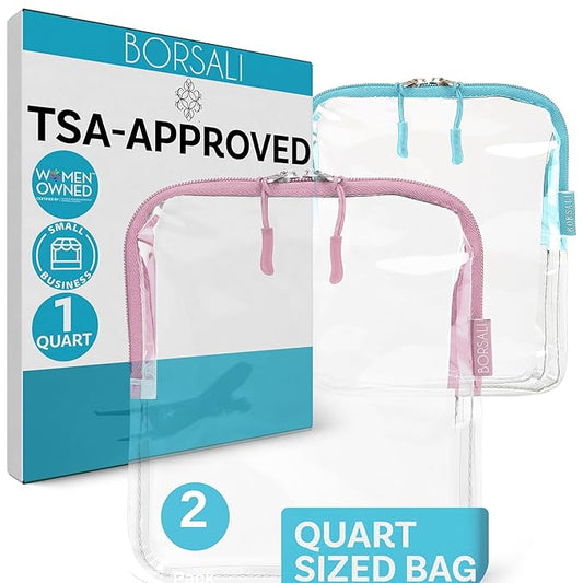 BORSALI TSA Approved Toiletry Bag - Clear Quart Size for 3-1-1 Carry On Travel - Makeup Organizer Cosmetic Pouch with Zipper - Travel Accessories - Rose & Blue 2 Pack