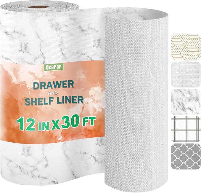OcePor Non-Adhesive Drawer and Shelf Liner 12IN x 30FT, Non-Slip Cabinet and Cupboard Liner, Kitchen Cabinet Liners for Shelves, Waterproof Drawer Shelf Liners for Cabinets/Bathroom Cupboard, Marble