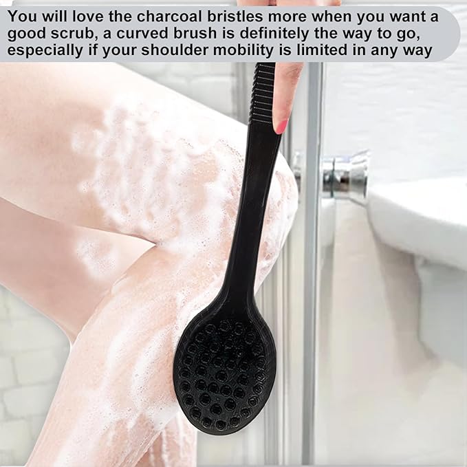 SUPERWASH PLUS Back Bath Brush - Curved Long Handle Shower Brush with Medium Stiff Charcoal Bristles for Cleaning and Exfoliating Body, Back Scrubber for Men & Women (Black 2 Pack)